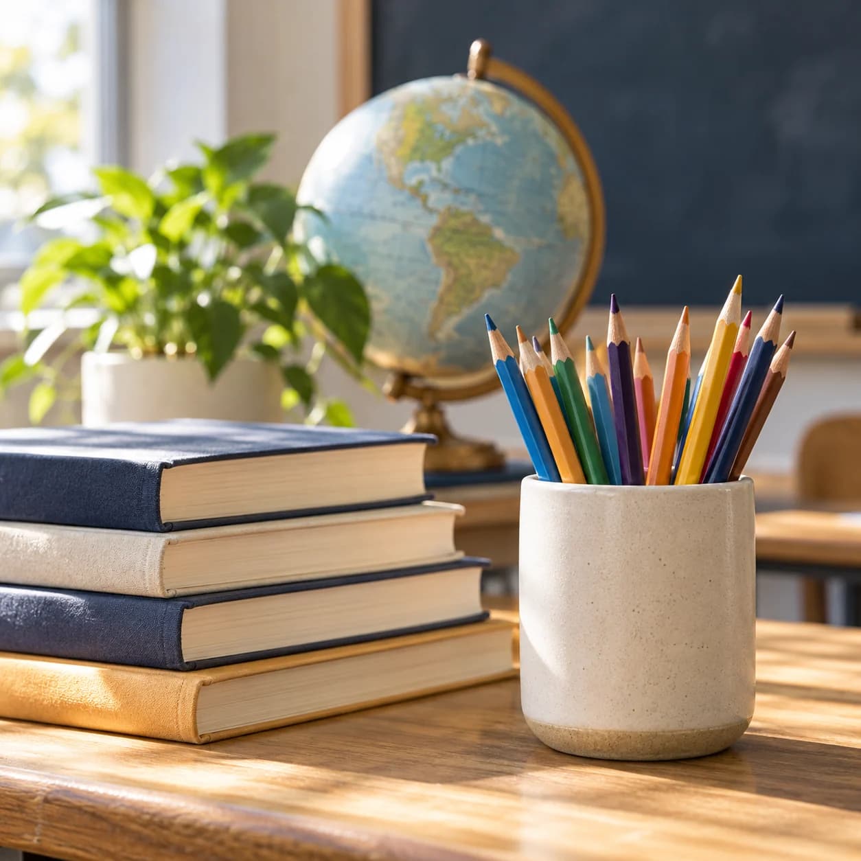 Colored pencils and books on a sunlit classroom desk